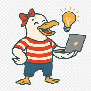 K&ouml;nnte beinhalten: Eine Cartoon-Ente mit roter Schleife, rot-wei&szlig; gestreiftem Hemd und blauen Shorts, die einen Laptop h&auml;lt. &Uuml;ber dem Kopf der Ente schwebt eine leuchtende Gl&uuml;hbirne, die eine Idee andeutet. Die Ente l&auml;chelt.