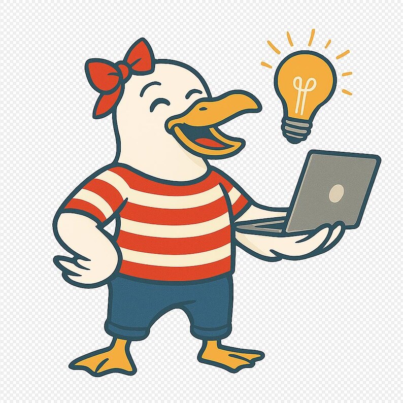 K&ouml;nnte beinhalten: Eine Cartoon-Ente mit roter Schleife, rot-wei&szlig; gestreiftem Hemd und blauen Shorts, die einen Laptop h&auml;lt. &Uuml;ber dem Kopf der Ente schwebt eine leuchtende Gl&uuml;hbirne, die eine Idee andeutet. Die Ente l&auml;chelt.