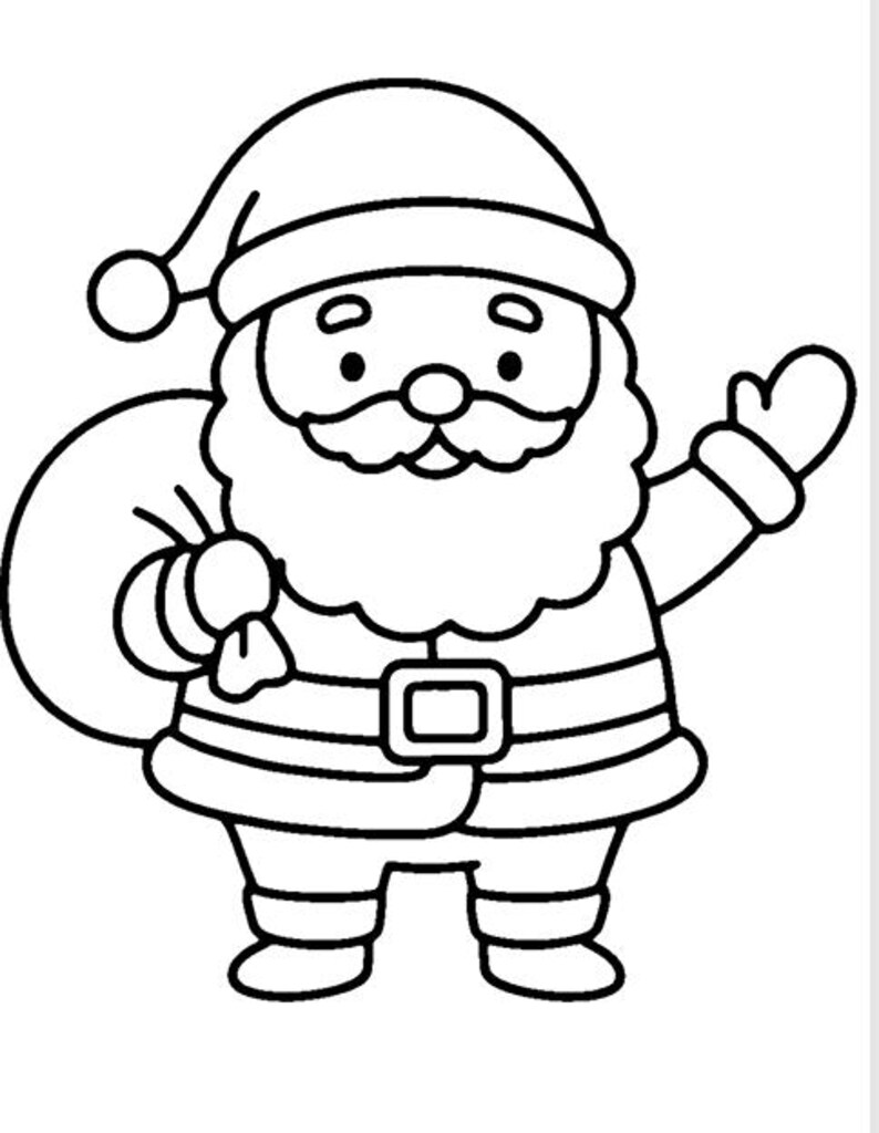 K&ouml;nnte beinhalten: Eine Schwarz-Wei&szlig;-Strichzeichnung von Weihnachtsmann, der einen Hut mit Bommel, einen G&uuml;rtel mit quadratischer Schnalle und F&auml;ustlinge tr&auml;gt. Er h&auml;lt einen Sack &uuml;ber der Schulter und winkt mit der anderen Hand.