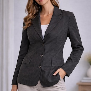 May include: Charcoal gray pinstripe blazer with a notched lapel, three-button closure, and two front pockets. The blazer is paired with light beige trousers. A classic, tailored look for professional or smart casual wear.