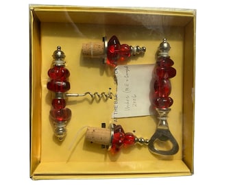 Vintage Red Glass Wine Bar Tool Set Corkscrew Stopper Bottle Opener 4pc