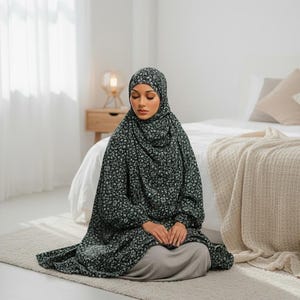 Handgefertigter Khimar Hijab mit Niqab & Ärmeln Leichtes, atmungsaktives islamisches Gebets-Outfit Rutschfester, halblanger Khimar, 145 cm Länge, 85 cm Breite