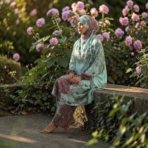 Può includere: Un completo composto da tunica e pantaloni con motivo floreale azzurro e bordeaux, abbinato a un copricapo coordinato. L'abbigliamento presenta maniche lunghe con polsini arricciati, una silhouette ampia e una stampa botanica dettagliata.