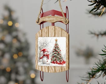 Snowman Christmas Sled Ornament, Festive Winter Scene
