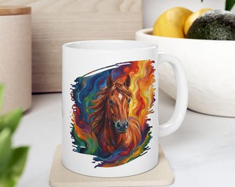 Rainbow Horse Head Mug | Colorful Animal Art, Ceramic Coffee Cup
