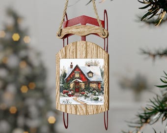 Cozy Red Cottage Sleigh Ornament | Christmas Snowy Village Holiday Décor