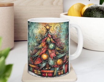 Whimsical Painted Christmas Tree Mug | Ceramic Mug