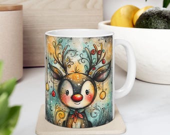 Whimsical Reindeer Face Mug | Ceramic Coffee Cup