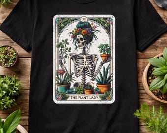 The Plant Lady Skeleton Tarot Card T-Shirt | Botanical Skull Illustration