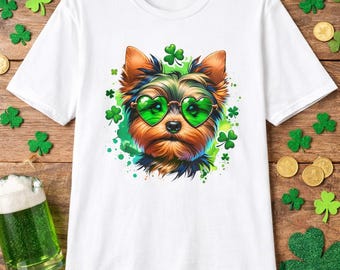 Yorkie with Shamrock Sunglasses T-Shirt | St. Patrick's Day Dog Tee