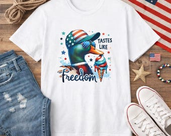 Patriotic Duck Eating Ice Cream T-Shirt | American Flag Hat, "Tastes Like Freedom"