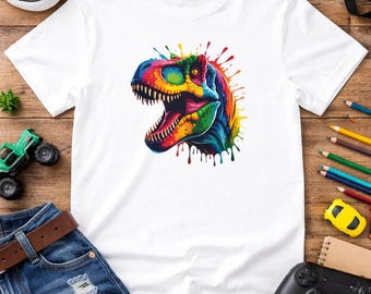 Colorful Splatter Dinosaur Head Kids Tee | Rainbow T-Rex Shirt