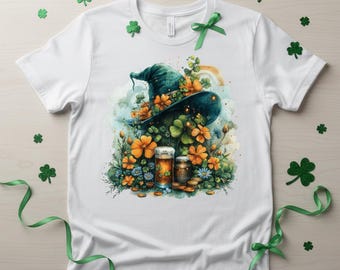 St Patrick's Day Magical Fantasy Print: Leprechaun Hat, Shamrocks, and Golden Ale Art T-shirt