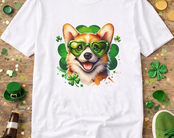 Corgi with Shamrock Heart Glasses T-Shirt | St. Patrick's Day
