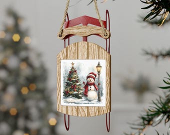 Cheerful Snowman Sleigh Ornament, Christmas Tree & Lamppost Holiday Decoration