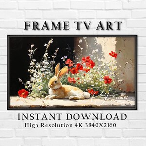 Arte para TV con marco de conejo estilo cottagecore, arte pastoral acogedor con conejo, decoración para TV con marco Samsung, arte con dosel de flores silvestres y rojas, descarga digital 10