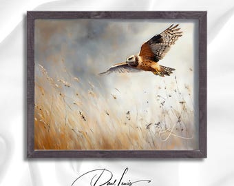 Rustic Harrier Hawk Oil Painting Download - Printable Moody Wildlife Wall Art, Nature Decor, Autumn Neutral Scene, Digital Bird Art 21