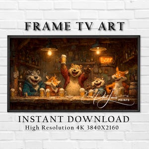 May include: A framed print featuring anthropomorphic animals in a bar setting, with the word "Beer" in neon. The image includes the text "FRAME TV ART" and "INSTANT DOWNLOAD High Resolution 4K 3840X2160".