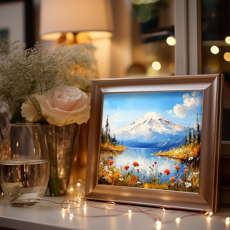 Printable Mount Rainier Oil Painting - Serene Reflection, Rustic ...