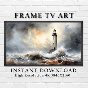 Rustic Moody Coastal Lighthouse Frame TV Art, Dramatic Digital Ocean Painting With Seascape, Nautical Decor, Instant Download, Fall 52