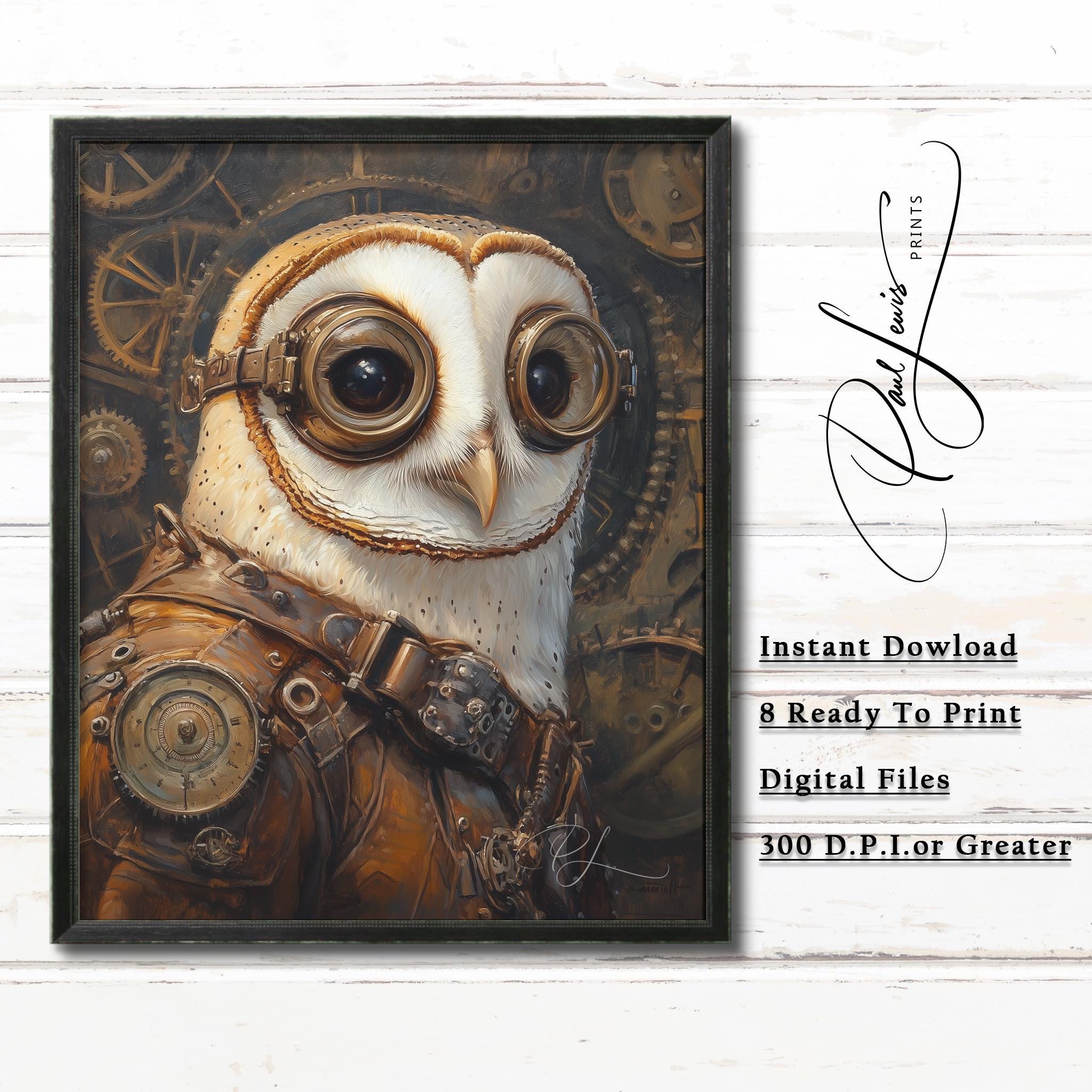 Steampunk Barn Owl Character Portrait - Vintage Fantasy Wall Art, Moody Owl in Brass, Steampunk Deco