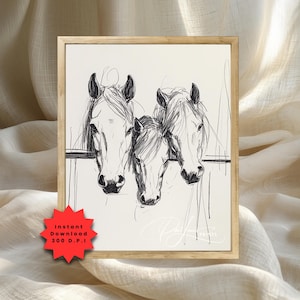 Arte de pared imprimible con cabezas de caballo a la hora de comer: boceto de granja melancólica, arte vintage de granja, descarga digital, decoración de caballos neutrales 4