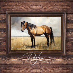 May include: A framed print of a horse in a field. The horse is brown with a black mane and tail. The background features a cloudy sky and tall grass. The frame is dark brown. The text "Paul Lewis Prints" is at the bottom.