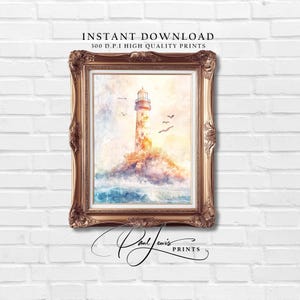 May include: A framed watercolor print of a lighthouse on a rocky island, with seagulls flying overhead. The artwork is in a gold ornate frame. The text "INSTANT DOWNLOAD 300 D.P.I HIGH QUALITY PRINTS" is at the top.