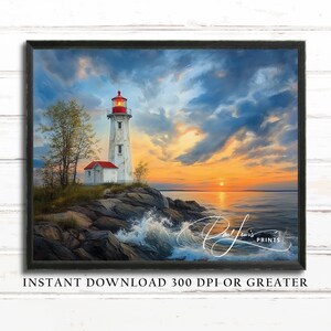 May include: Framed print of a lighthouse on a rocky coast at sunset. The lighthouse is white with a red top, and the sky is filled with orange, blue, and gray clouds. The text "Paul Lewis PRINTS" is in the lower right corner. The text "INSTANT DOWNLOAD 300 DPI OR GREATER" is at the bottom.