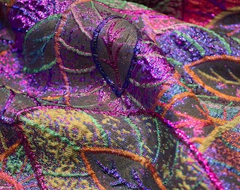 Metallic Leaf Jacquard Fabric, Shimmering Multicolor Botanical Brocade by the Yard