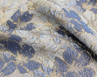 Aqua Blue Gold Floral Brocade Fabric | Metallic Jacquard Wedding Dress Material by Yard