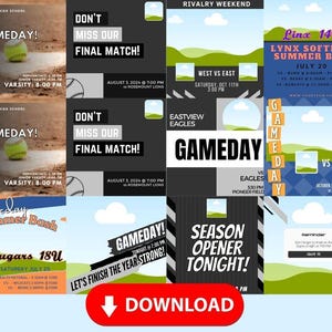 以下が含まれることがあります： ソフトボールと野球の試合告知のコレクション。デザインには「Gameday」、「Final Match」、「Summer Bash」などのテキスト、チームロゴ、イベントの詳細が含まれています。配色には黒、白、緑、青が含まれています。
