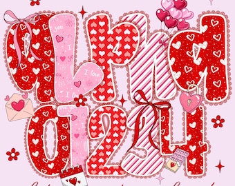Valentines Day Alphabet PNG Bundle with Numbers and Cute Clipart Hearts Bows Balloons for Sublimation Crafts Stickers Shirts Cards