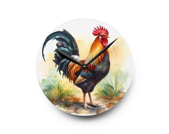 ファームハウス風雄鶏の壁掛け時計：フェイクステンドグラス風アクリル