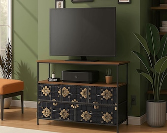 Black and Gold Japanese TV Stand Dresser with Storage, Modern Media Console, 5 Drawer TV Cabinet Living Room Furniture