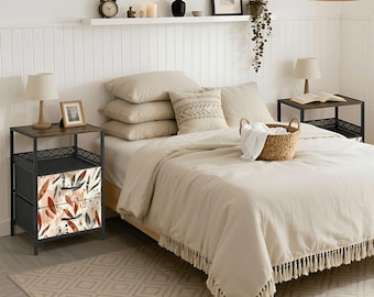 Antique Botanical Nightstand with Charging Station, 2 Drawer Bedside Table, Vintage Floral Side Table, Elegant Bedroom Decor