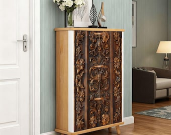 Mobile scarpiera in stile legno intagliato, contenitore decorativo per scarpe da ingresso, mobile sottile per corridoio, effetto legno intagliato stampato.