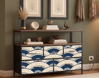 Mueble de TV japonés beige y azul con almacenamiento, consola multimedia estilo zen, mueble de TV moderno de 5 cajones.