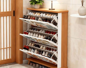 Modern Shoe Cabinet with Storage, Entryway Shoe Organizer, Slim Shoe Rack Furniture with Flip Drawers for Hallway