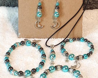 Conjunto de joyas de cuentas (2 pulseras, tobillera, pendientes, collar)