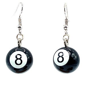 May include: A pair of earrings featuring black and white eight ball charms. The charms have a glossy finish and are suspended from silver-colored fish hook ear wires. The number 8 is prominently displayed in white on each black ball.
