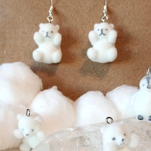 Fuzzy Polar Bear Earrings: Soft White Flocking, Hypoallergenic Hooks