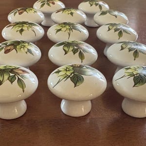 Peut inclure: Un ensemble de quatorze boutons de placard en céramique blanche disposés en rangées. Chaque bouton présente une surface supérieure lisse et arrondie, ornée d'un motif floral peint à la main dans des tons de vert, jaune et brun, représentant des feuilles et des boutons de fleurs.