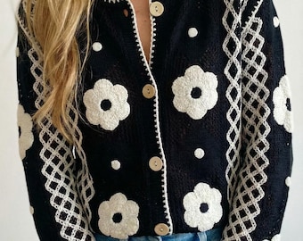 Floral Crochet Knit Cardigan – Button Up Vintage Sweater