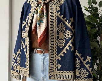 Boho broderad bomullsjacka | Marinblå kappa i vintagestil