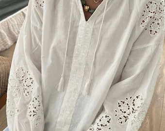 White Embroidered Cotton Blouse | Tassel Balloon Sleeve Top