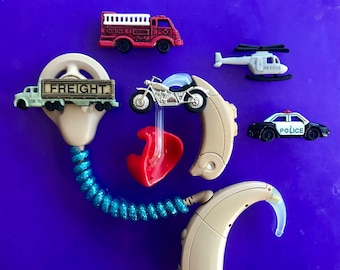 Hearing Aid Clip for Kids - Vehicle Tube Treasures or Cochlear Bling - Police Car, Fire Truck, Motorcycle, Helicopter, Freight Truck