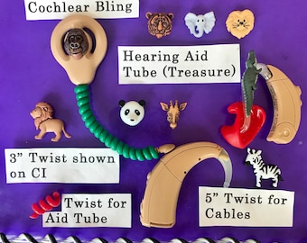 Cochlear Implant Accessories or BAHA Accessories (Cochlear Bling) or Hearing Aid Accessories (Tube Treasures)- Safari: Lion, Zebra, Elephant