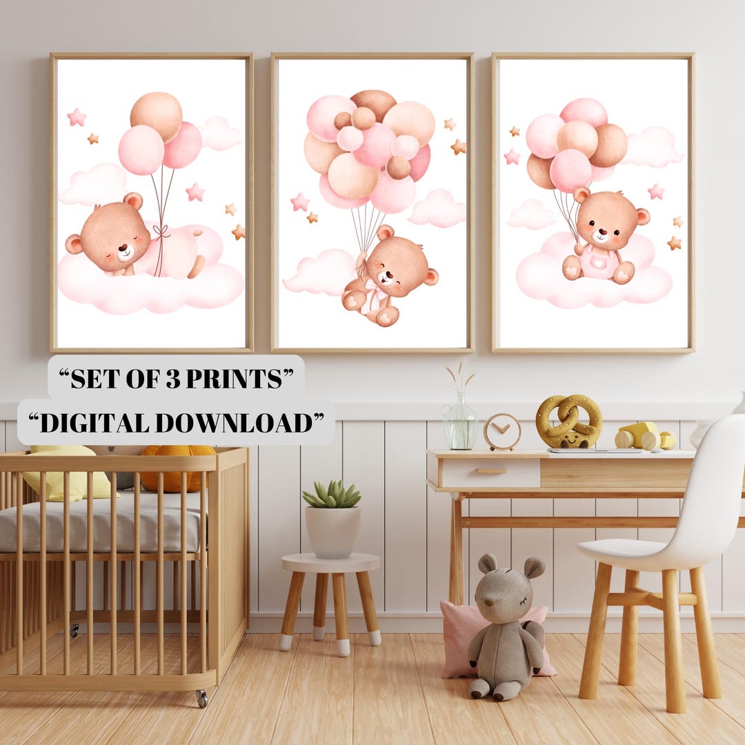 Teddy Bear Nursery Wall Art Set of 3 | Pink Balloon Bear Prints | Baby ...