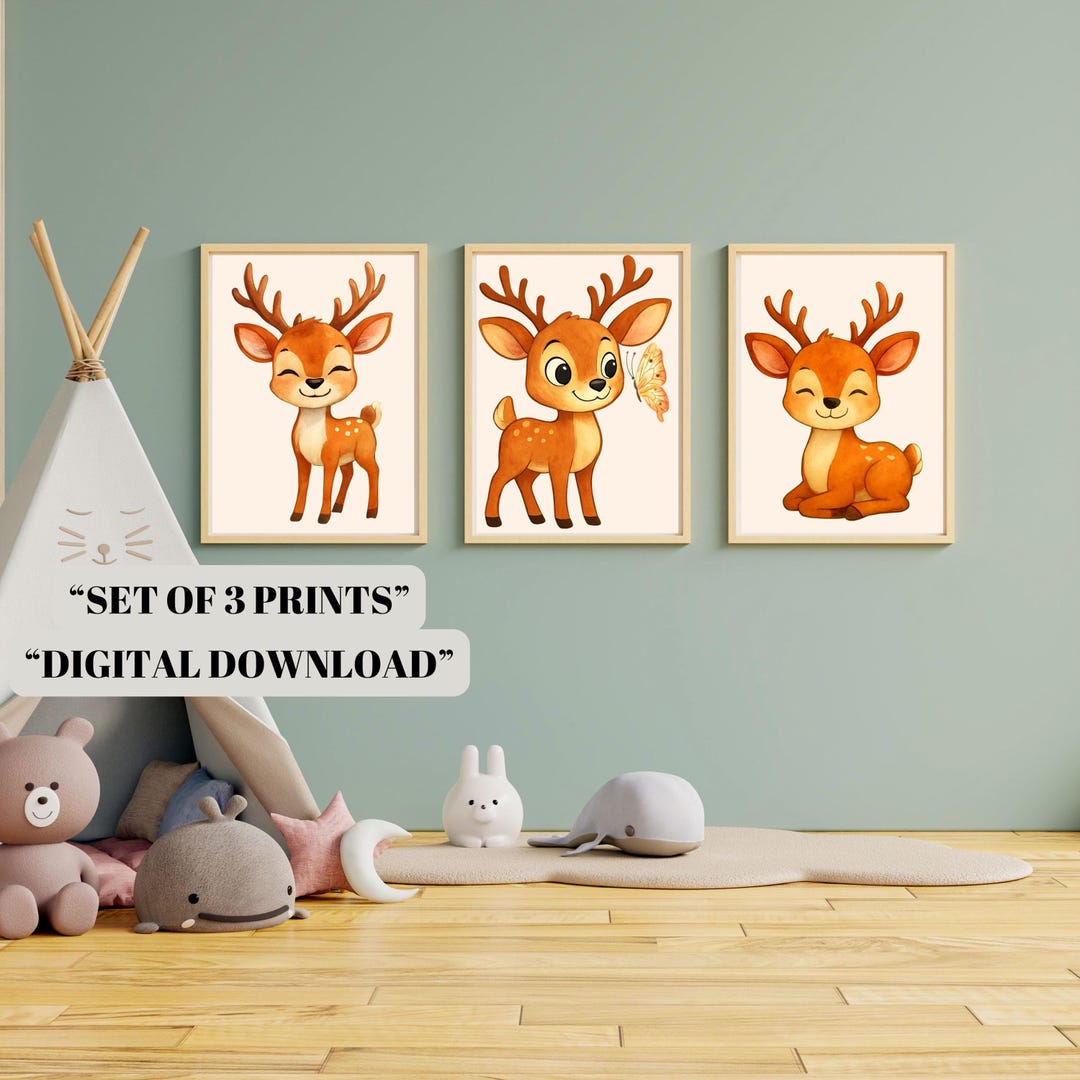 Cute Deer Nursery Wall Art Set of 3 | Woodland Animals Baby Room Decor ...